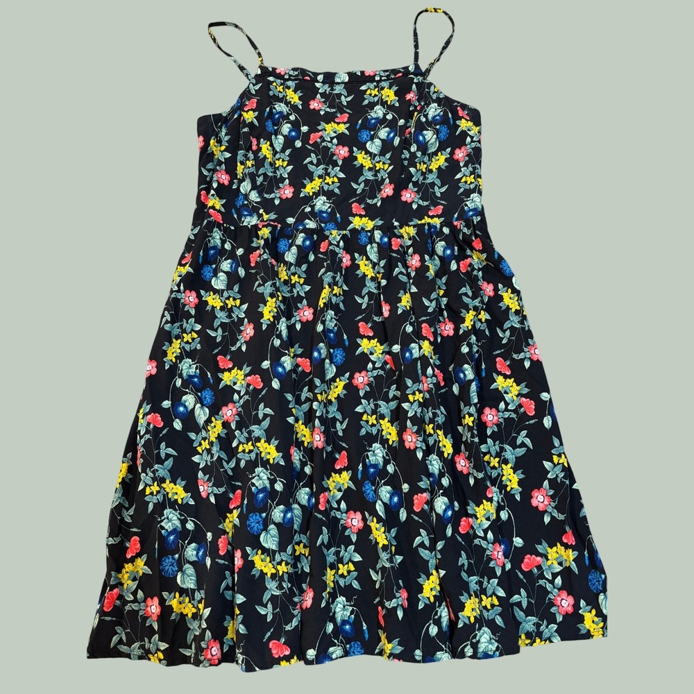 Old Navy women black floral smocked back fit & flare mini dress sz L botanical